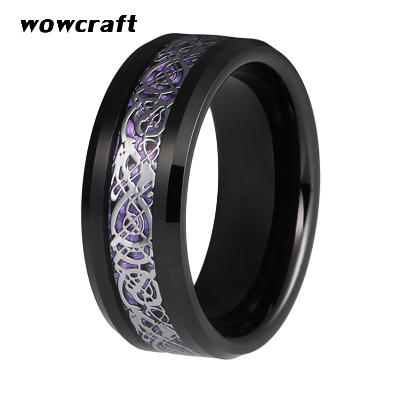 

Mens Womens Tungsten Carbide Ring Purple Carbon Fiber Silver Dragon Inlay Comfort Fit Engagement Band rings