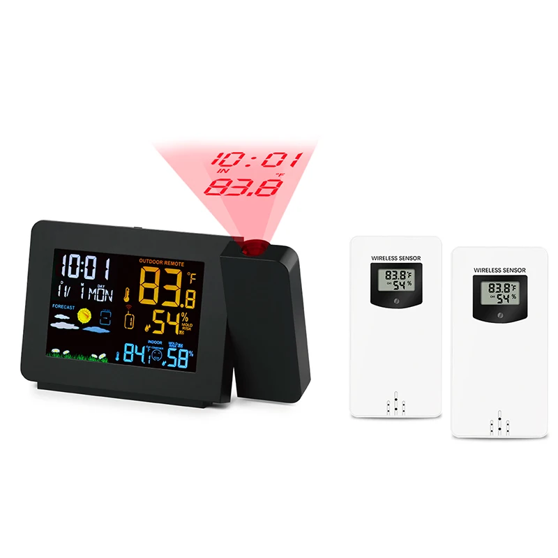 

Projection Alarm Clock Wirless Weather Station Colorful Backlight With 2 Outdoor Humidity Temperature Sensors Time Projector