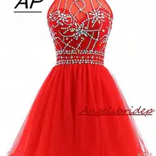 ANGELSBRIDEP короткие платья для выпускного вечера с бретелькой через шею сексуальные тюлевые платья с открытой спиной и бисером Formatura Curto вечерние платья знаменитостей