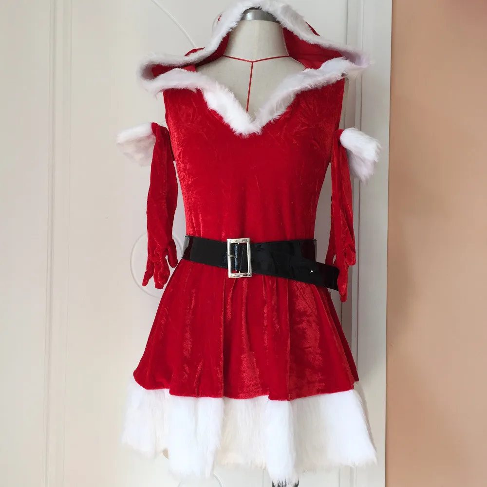 3 шт. Deluxe пикантные красные рождественские платье с капюшоном для взрослых Санта Клаус форма Косплэй рождественские костюмы для Для женщин