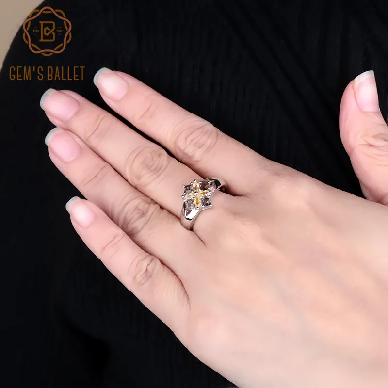 

Gem's Ballet Silver 925 Jewelry Rings Multicolor Natural Smoky Quartz Citrine Cocktail Ring For Women Gift Vintage Fine Jewelry