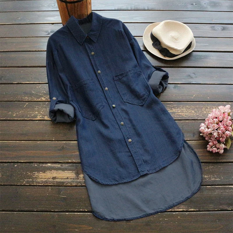 S 5XL Women Retro Casual V Neck Long Sleeve Baggy Denim Blue Shirts Solid Loose 2018 Fashion Spring Work Office Blouse Plus Size Blouses