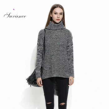 

Fashion Turtle Neck Irregular Solid Color Long Sleeves Knitted Women Pullovers Quality Brand Sweaters