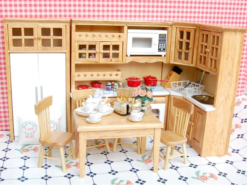 Muebles de en miniatura casa de muñecas, juego de mesa y de porcelana,