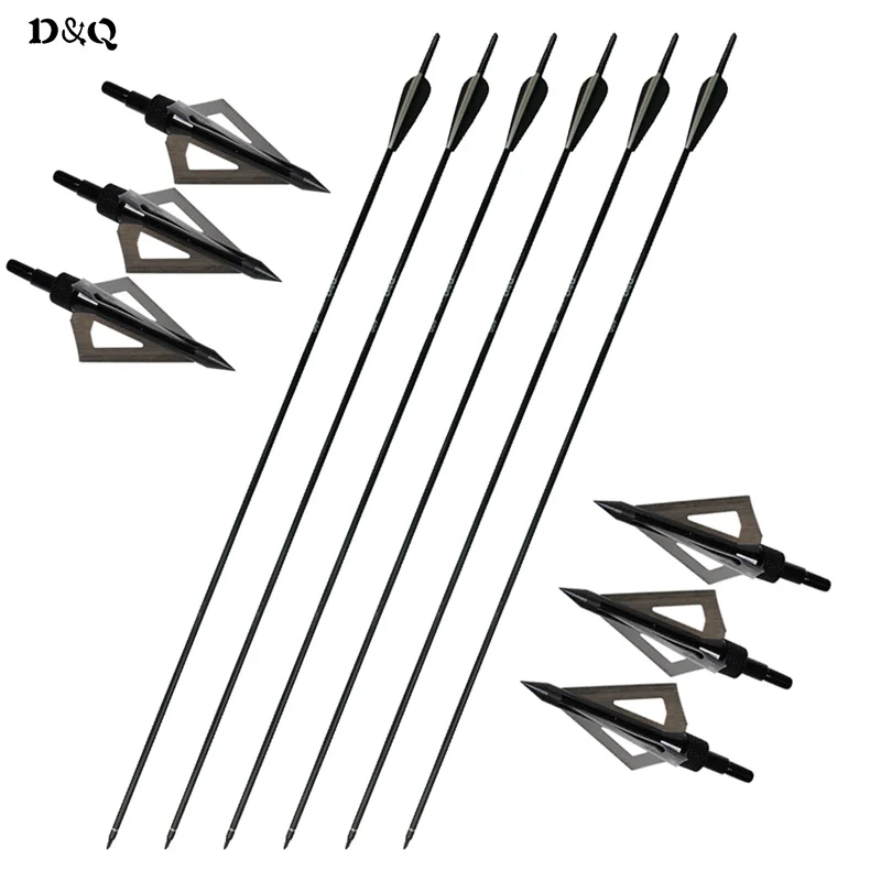 6pcs Hunting Archery Fiberglass Arrows + 6pcs 100 Grain 3 Blades