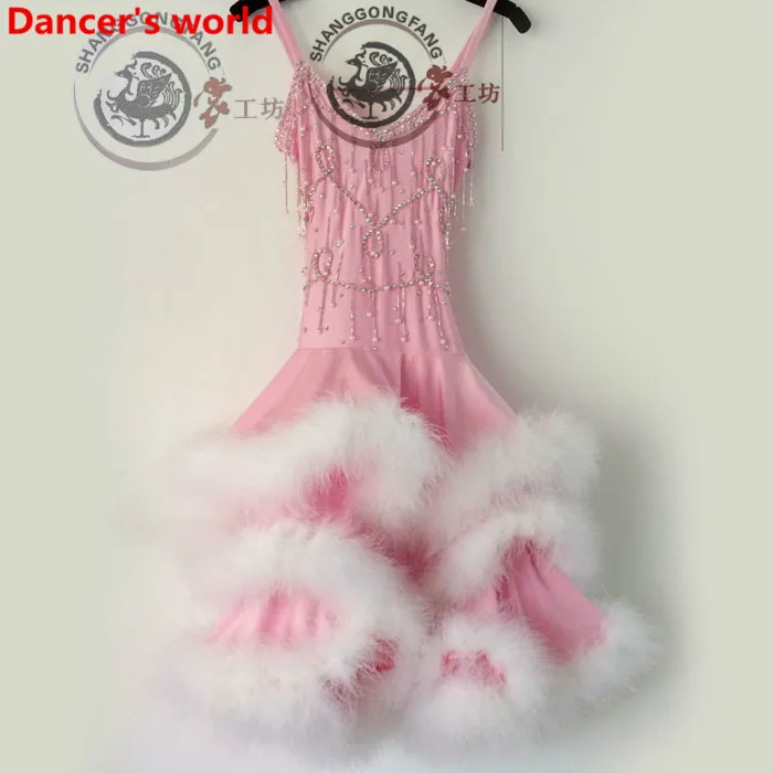 

Feather Fringes Skirt Women Harness Style Back Opening Latin Tango Ballroom Salsa Dance Dress Party Costume Tassel women Dresses