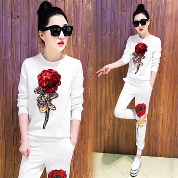

2019 spring women's casual suit the new sequined rose flower embroidery cotton fleece trousers two-piece set women's tracksuits