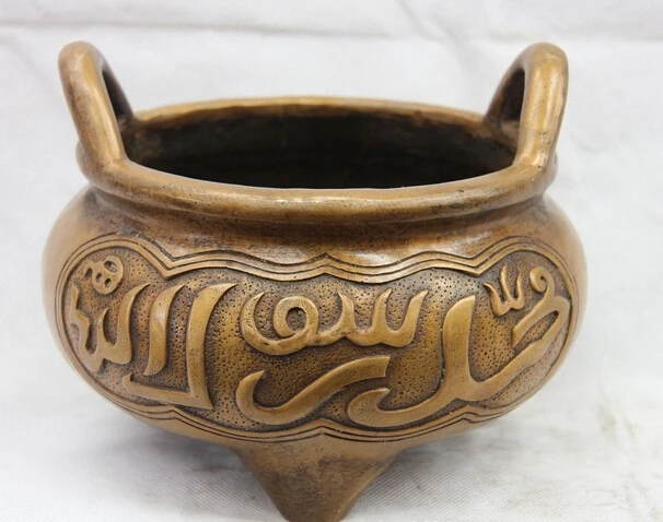 

S1358 China Fane Bronze Copper Buddhism Temple 2 Ear Three Feet Incense Burner Censer D0318