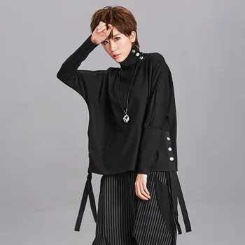

2017 Autumn Spring Women's Fashion Loose Rivet Turtleneck Irregular Black Oversize Pullover Sweatshirt Ladies Personality Hooded