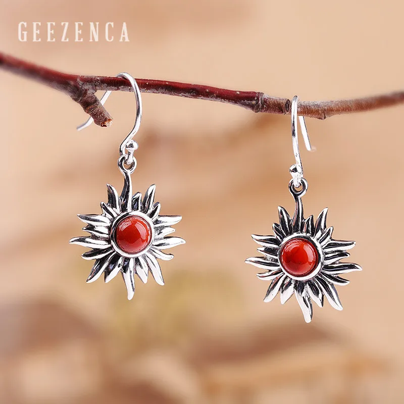 

925 Sterling Silver Thai Gemstone Agate Sunflower Drop Earrings Women Handmade Craft Bohemia Dangle Earring Party Gift Trendy