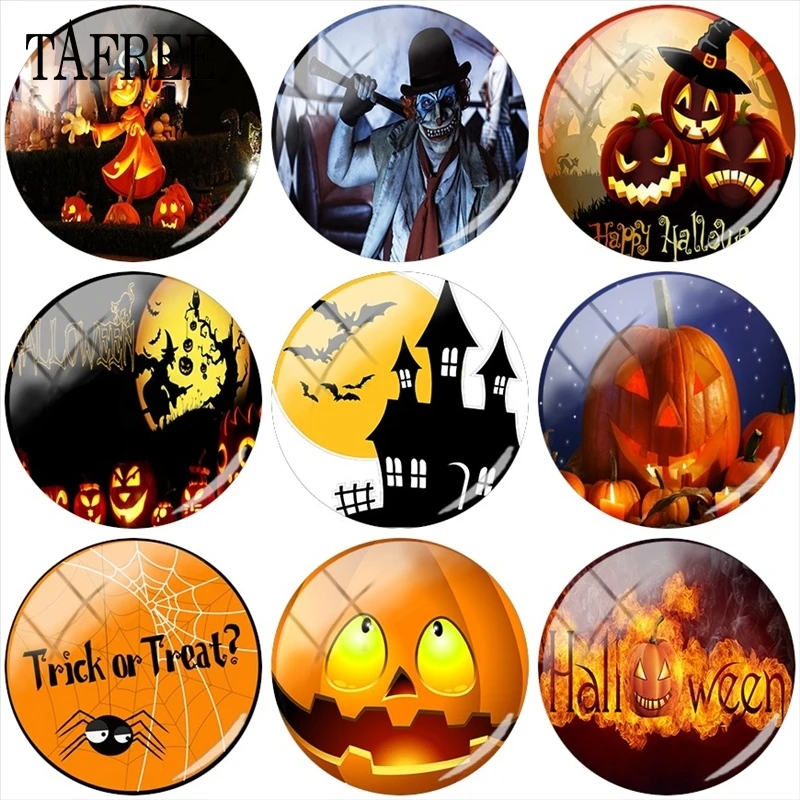 

TAFREE Pumpkin Art Photo Round 12mm/15mm/16mm/18mm/20mm/25mm Halloween Photo Glass Cabochon Demo Flat Back Making Findings