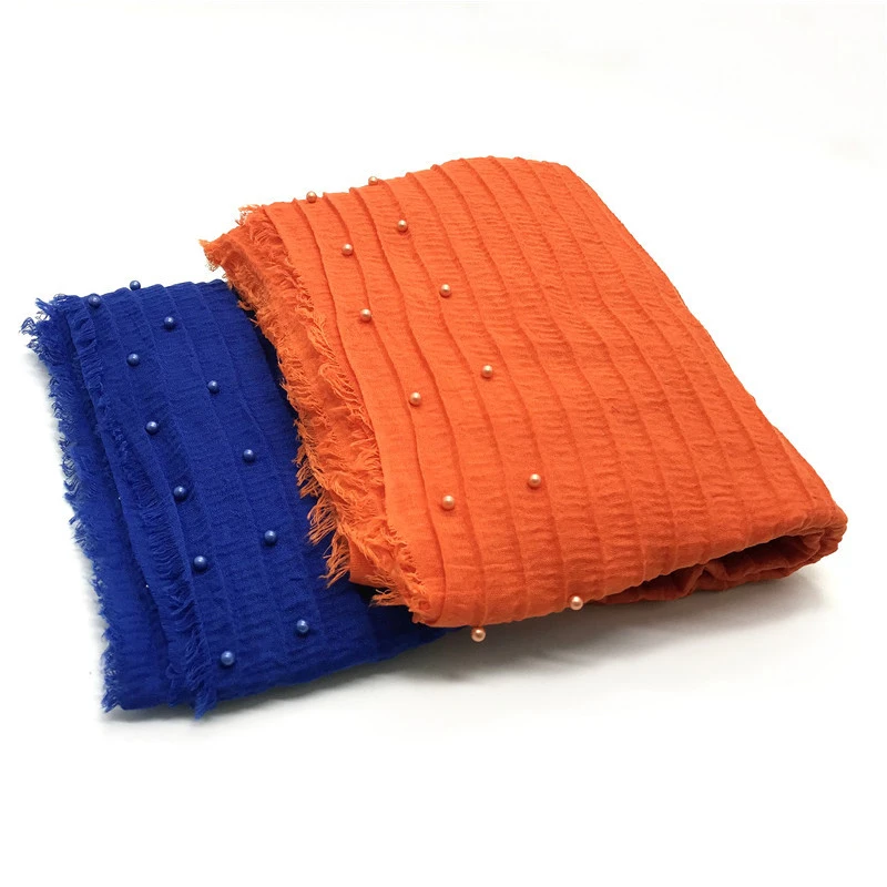 

Good Quality Scarves Muslim Head Scarf Women Crinkle Hijab Solid Color Bubble Cotton Shawls Wraps Soft Big Pearl Hijab Scarf