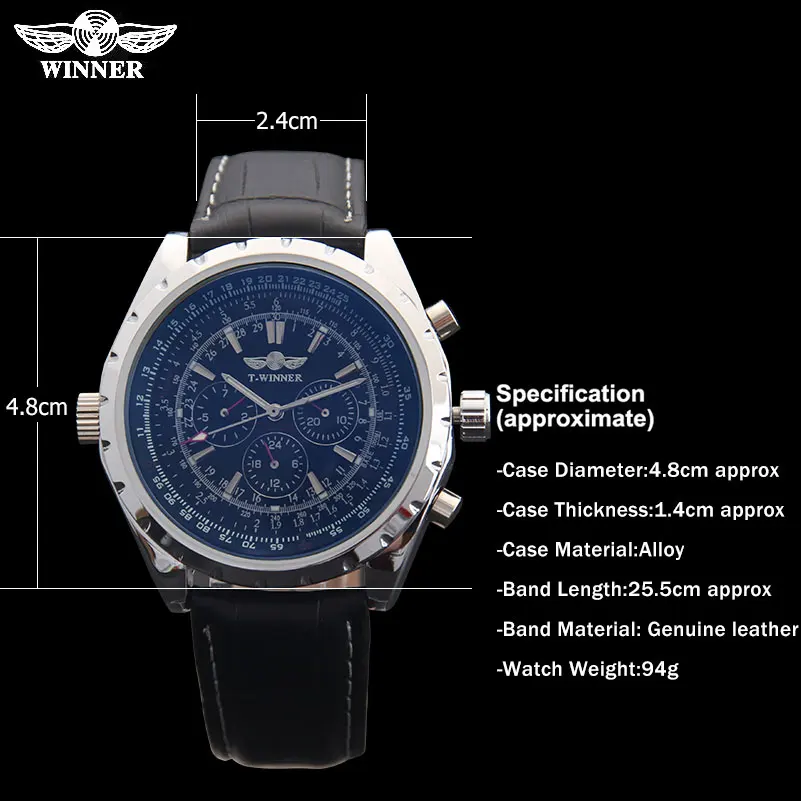 Мужские механические часы WINNER brand автоматические с кожаным ремешком и 6 ручками