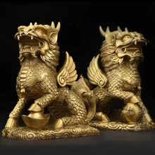 Фэн-шуй набор из двух золотых латунных Чи лин/Килин богатство статуя достатка украшение дома привлекают богатство и удачу