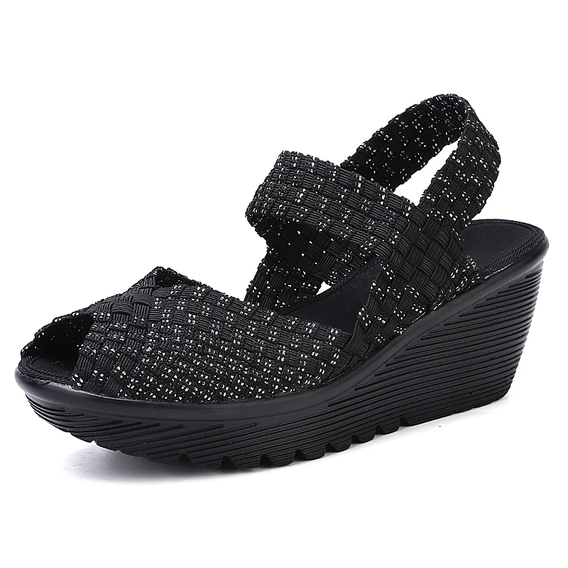 STQ/женская летняя обувь; женские плетеные босоножки на плоской танкетке; женские Вьетнамки; босоножки с ремешком на щиколотке на среднем каблуке; 533 - Цвет: 533 Black