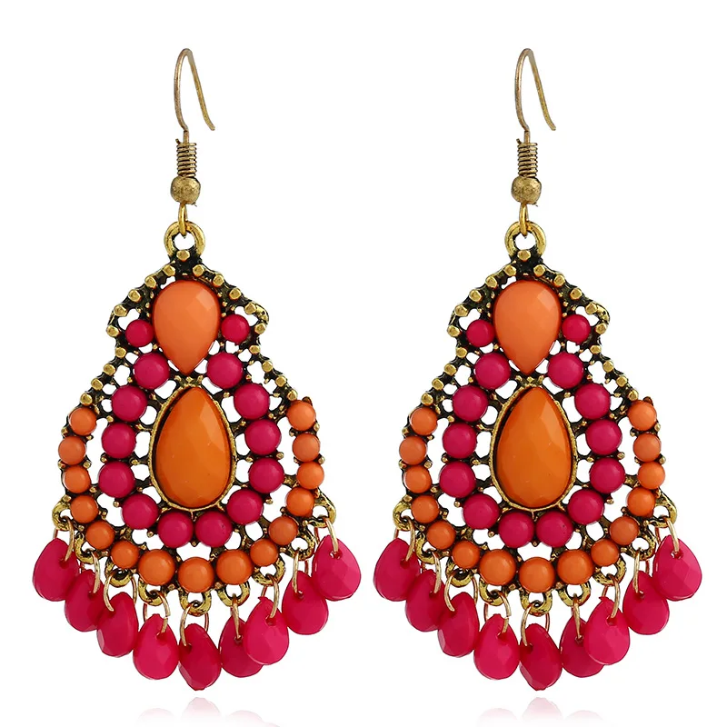 

Ethnic Antiqued Gold Color Hollow Orange Resin Link Beads Pendant Chunky Drop Earrings for Women Girls Fashion Party Jewelry