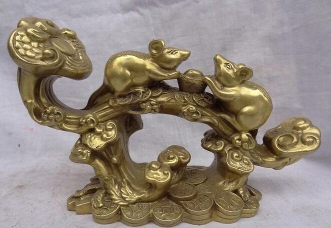 

JP S62 9" FengShui Chinese Pure Brass Coin YuanBao Wealth 2 Mouse Statue On Flower RuYi Discount 35%