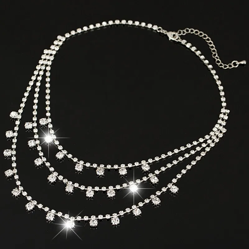 Модное женское серебряное ожерелье с тремя струнами, покрытое австрийскими кристаллами, стразы, подвеска с крестом, свадебное ожерелье# N059