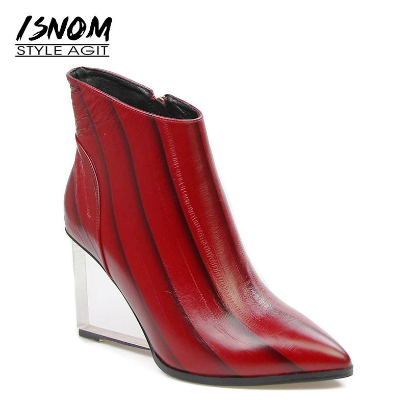 Brand Designers Crystal High Heels Wedges Ankle Boots High Quality Genuine Leather Winter Boots Sexy Pointed Toe Shoes Woman Zip