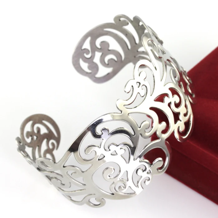 

Hot selling silver Stainless Steel hollow Lace Cuff bangle Women Ladies Fashion bracelet