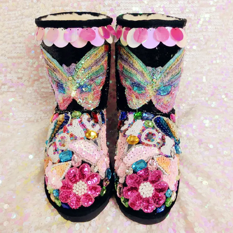

Original 2015 European leg of the new winter handmade gem diamond sequins in-tube snow boots leather padded shoes