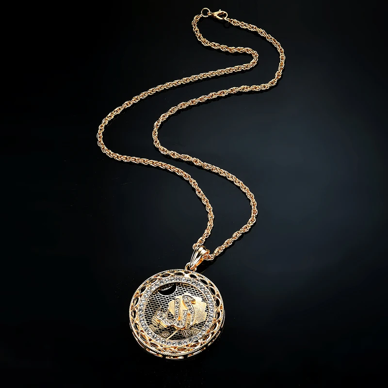 New Punk Geometric Round Waterdrop Heart Allah Necklaces Pendant For Women Men Crystal Long Necklace Arab Muslim Islam Jewelry