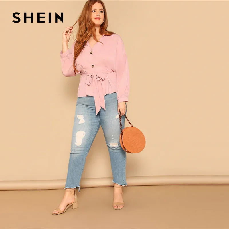 SHEIN, женская блузка размера плюс, розовая, с поясом, на пуговицах, с баской спереди, весенняя, с длинным рукавом, с отложным воротником, одноцветная, элегантная, для девушек, топы