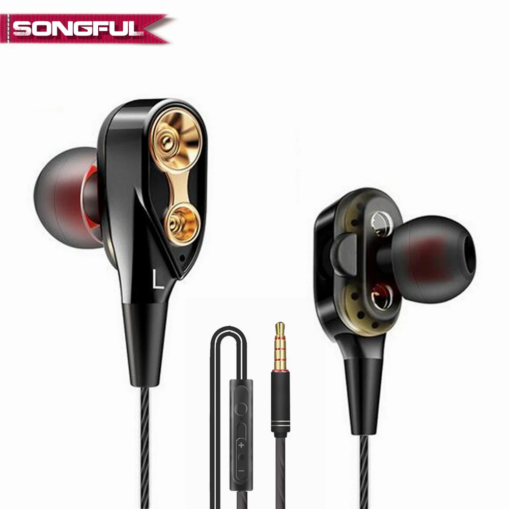 

Double Unit Dual Drive Dynamic Earphone 6D Stereo Earbud HiFi Bass DJ Wired Earphones with Mic Sport Auriculares for Phone MP3
