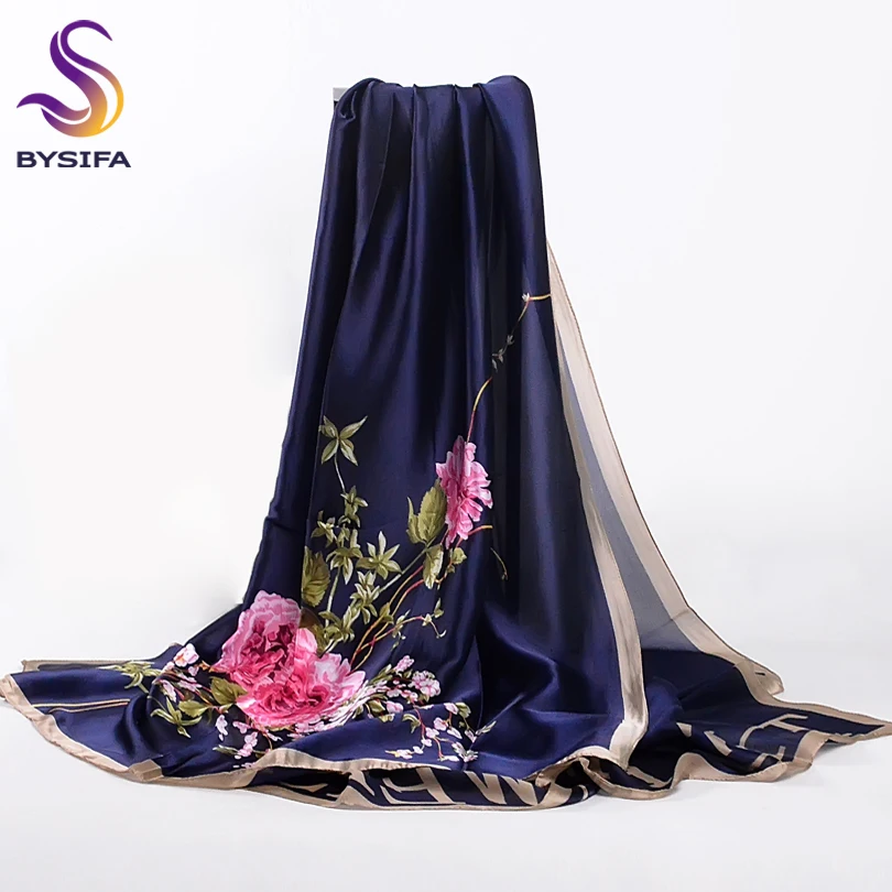 [BYSIFA] Navy Blue Chinese Roses Women Scarves Fall Winter Utrlong...