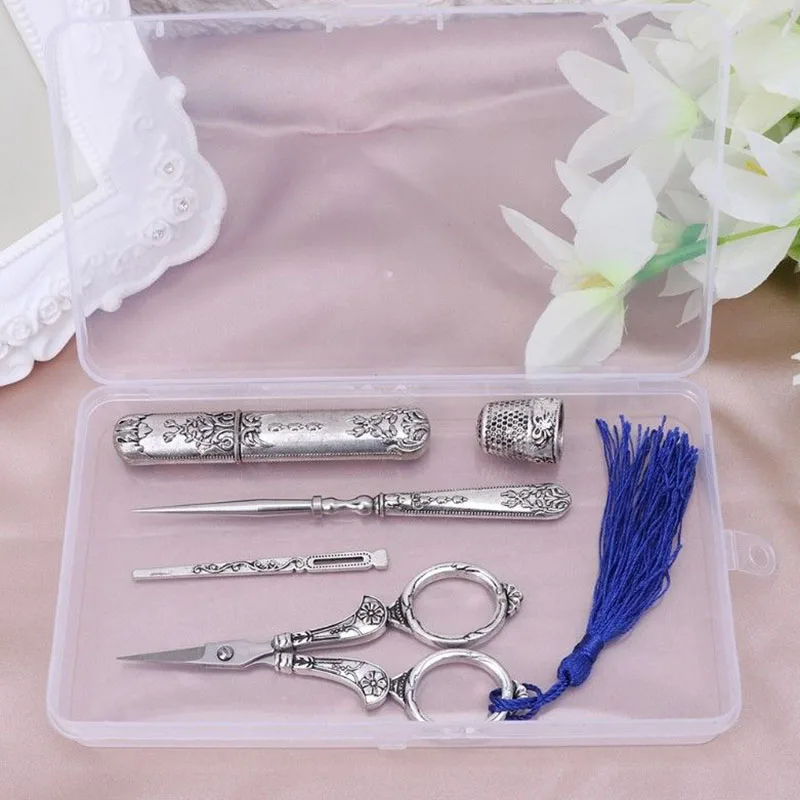 

Sewing Scissors Set Vintage Embroidery Tool Alloy Awl Threader Thimble Needle Case Kit YU-Home