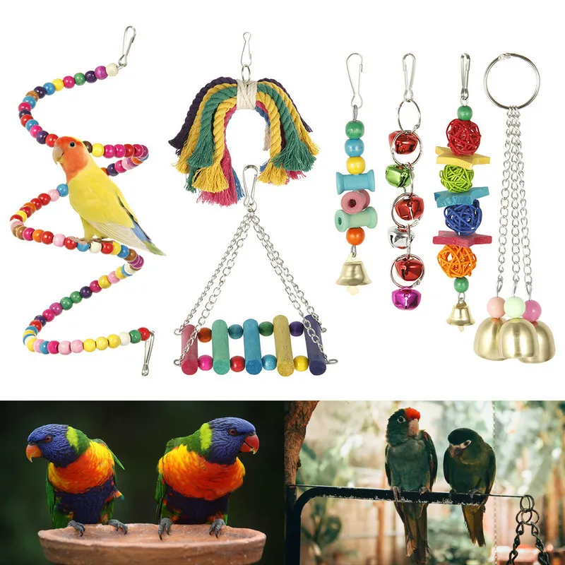 7 видов стилей игрушечные попугаи деревянные птицы качели стоячие жевательные стойки игрушки круглые бусины кисточки Гамак Висячие Игрушки для птиц аксессуары