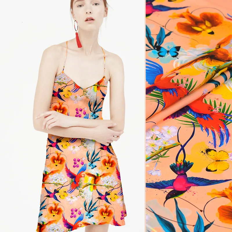 

2018 new bird printing silk elastic double Joe high-grade fabric digital inkjet silk fabric natural silk clothing wholesale