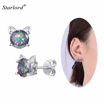 

Mystic Stone Cat Stud Earrings 925 Sterling Silver Cat Ears Coloful Crystal Cat Ears Stud Earrings Gift For Cat Lover E6235B