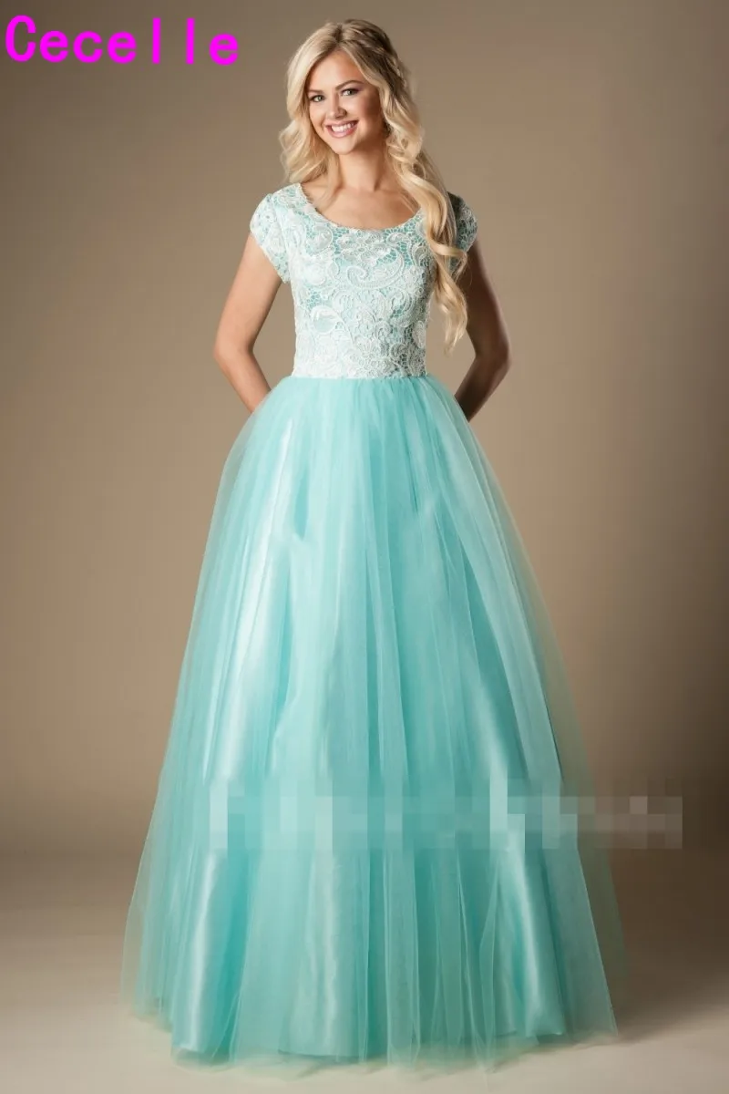 Mint Long Modest Prom Dresses With Cap Sleeves 2019 Puffy A line Simple ...