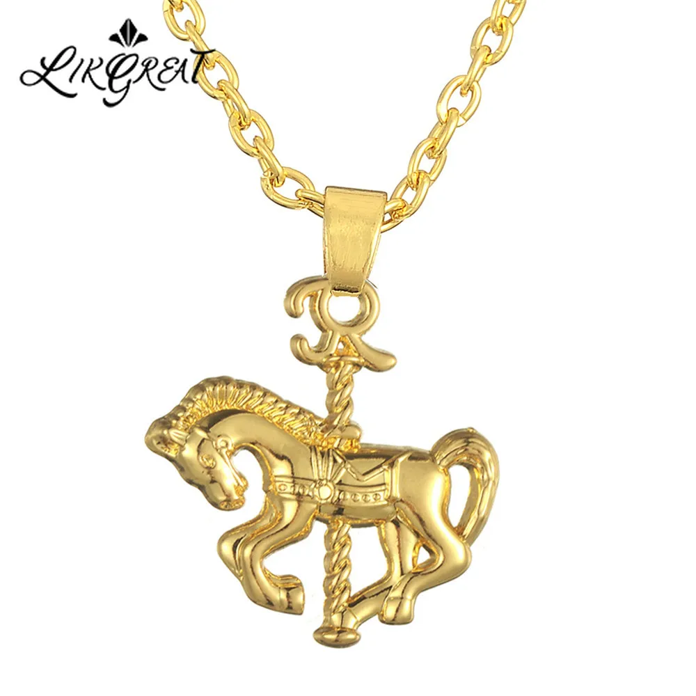 

LIKGREAT Gold Silver Color Carousel Horse Pendant Necklace Fantasy Fairy Tale Jewelry Bijoux Gifts for Kid Women Accessories
