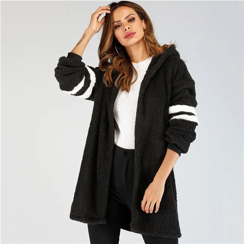 SweatyRocks, черное университетское пальто с капюшоном, зимнее, толстое, теплое, пушистое, плюшевое пальто,, повседневные женские куртки и топы - Цвет: Черный