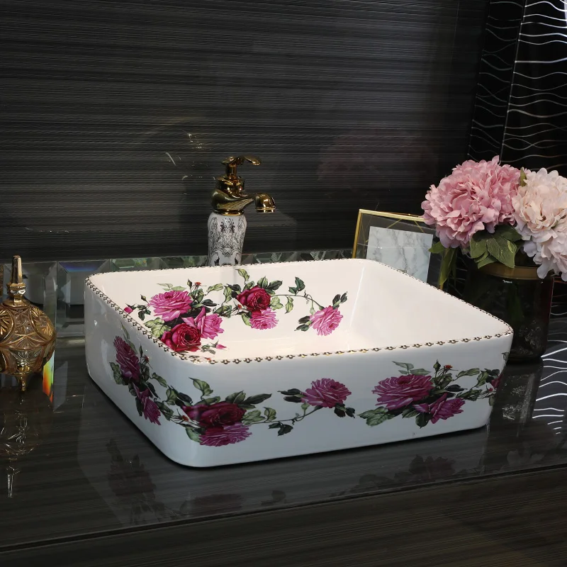 Rectangular rose pattern Handmade Europe Vintage Style Lavobo Ceramic Bathroom Countertop Bathroom Sink hand painted ceramic sink (2)