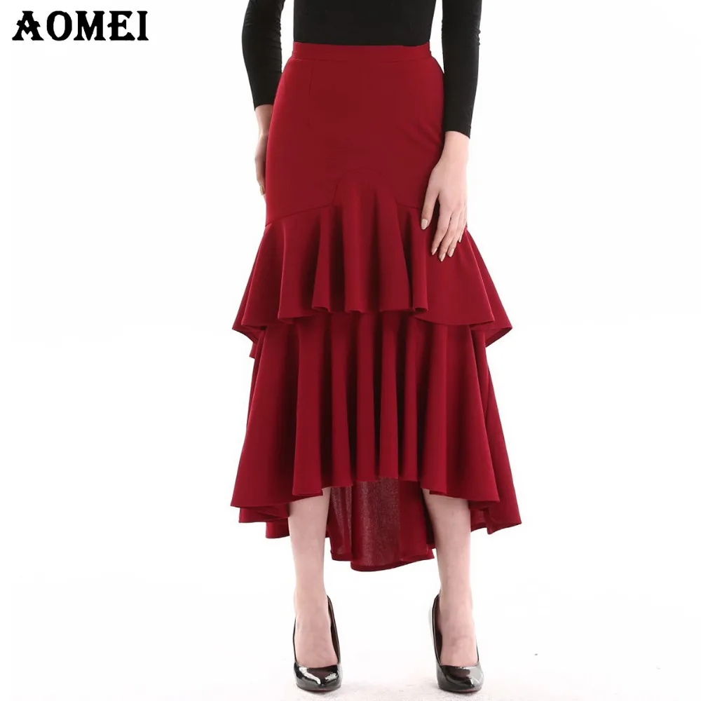 

Ladies Ruffles Cake Irregular Skirt Wine Red Color High Waist Female Elegant Party Wear Bottoms Saias Swallowtail Clothing