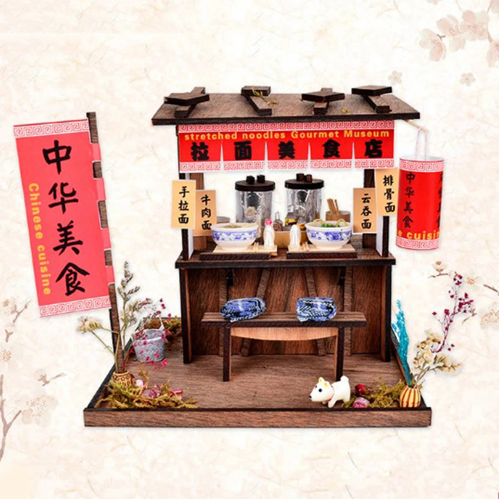 DIY Handcraft Miniature Project Wooden Dolls House Antique Handpulled Noodles Shop with LED Lights Furniture Home Decor