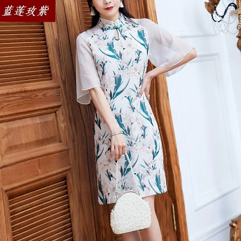 

Womens fashion chiffon dresses summer yong girls slim qipao half sleeve chinese style printed dress fashion cheongsam female new