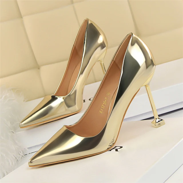 Silentsea Stainless Steel High Heel Patent Leather Ladies Pumps Ladies ...