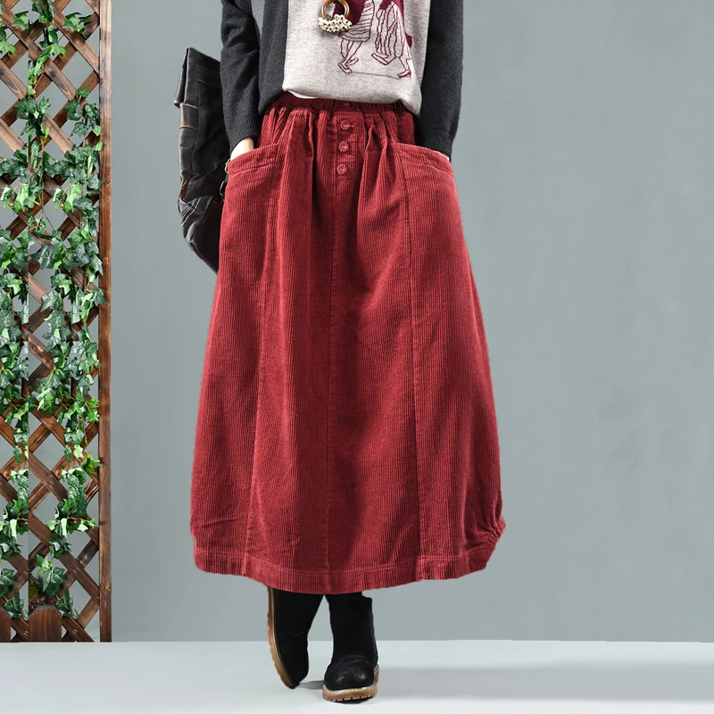 Шикарный карман сплошной цвет вельвет Винтаж бутон юбка Мори для девушки осень зима