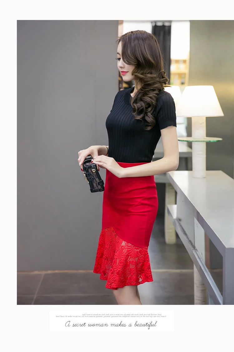 Высокая талия юбка плюс размер сексуальные кружевные юбки для женщин Новая мода Элегантный гофрированный Подол Черный Красный Bodycon Женская юбка 5XL