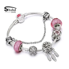 Shshd розовый кристалл женский браслет Шарм Серебряный Сердце Ключ Подвеска стрекоза бусины браслеты и браслеты Роскошные DIY ювелирные изделия подарок для девочек