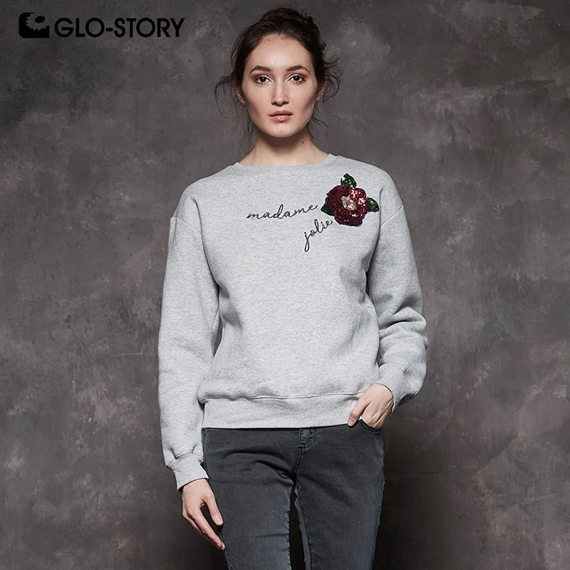 

GLO-STORY 2018 Autumn Women Sequin Floral Letter Sweatshirts Long Sleeve Pullover Sweatshirts Lady's Tops WPU-7484