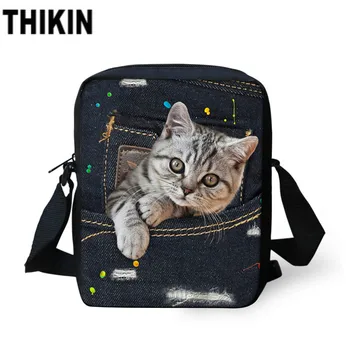

THIKIN Women Messenger Bags Cute Animals Cat Printing Small Shoulder Handbag for Ladies 3D Denim Pocket Crossbody Bag Feminina