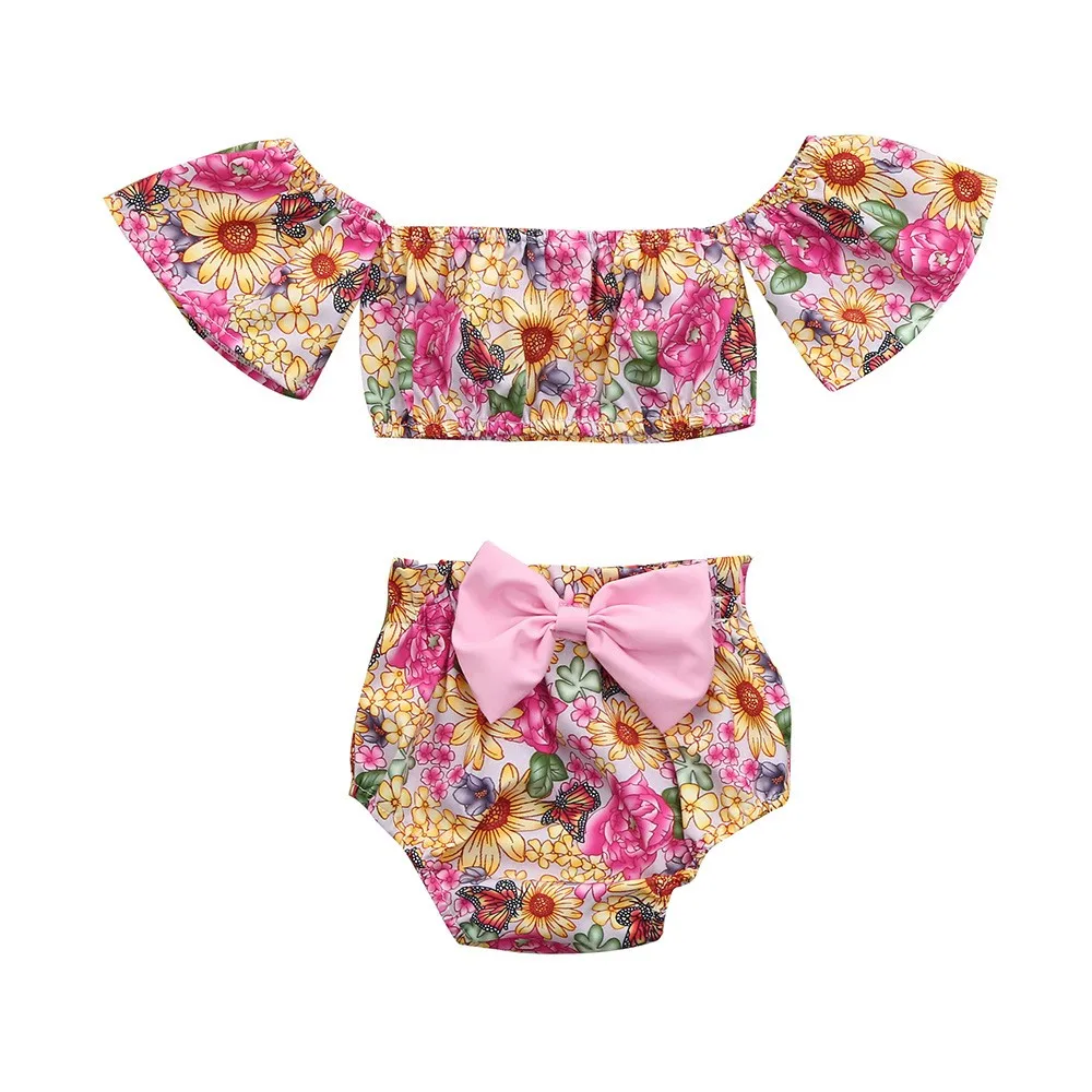 Summer Toddler Baby Girls Clothes Bowknot Floral Print Vest Tops+Pants Outfits Cute Floral Romper Baby Girls Clothes