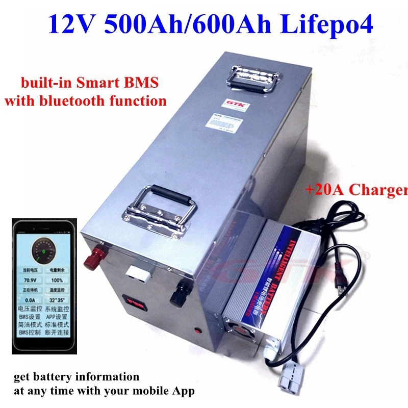 

New 12V 500Ah 600Ah Lifepo4 lithium battery 12v BMS with bluetooth for Solar energy storage motor homes RV EV boat+20A Charger