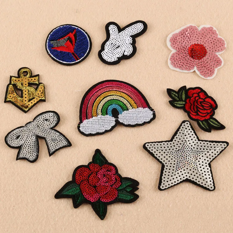 

Popular Flowers Stars Rainbow Patches For Clothes Iron On Sew On Embroidered Sequin Fabric Badges Applique DIY Apparel Accessory