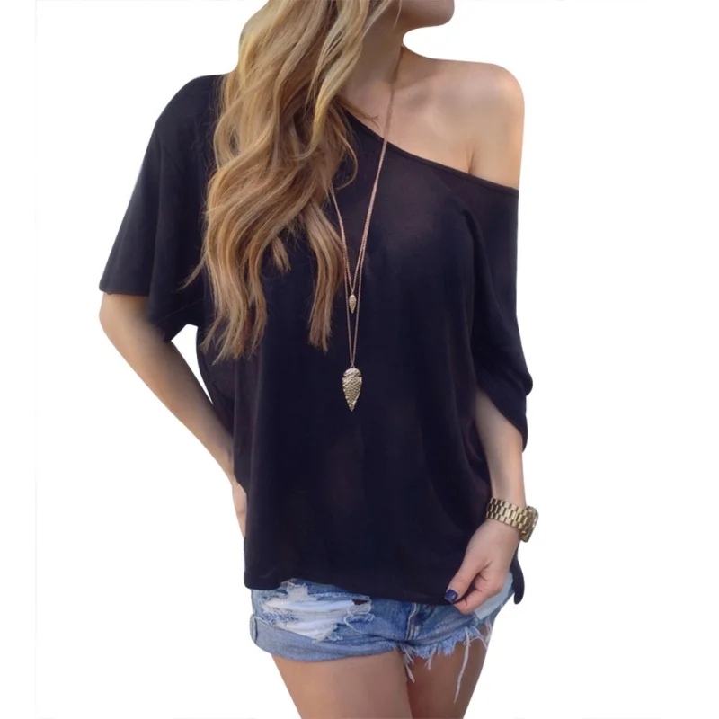 

Sexy Women Casual Solid Off Shoulder Loose T-shirts Off-Shoulder Tops Hot